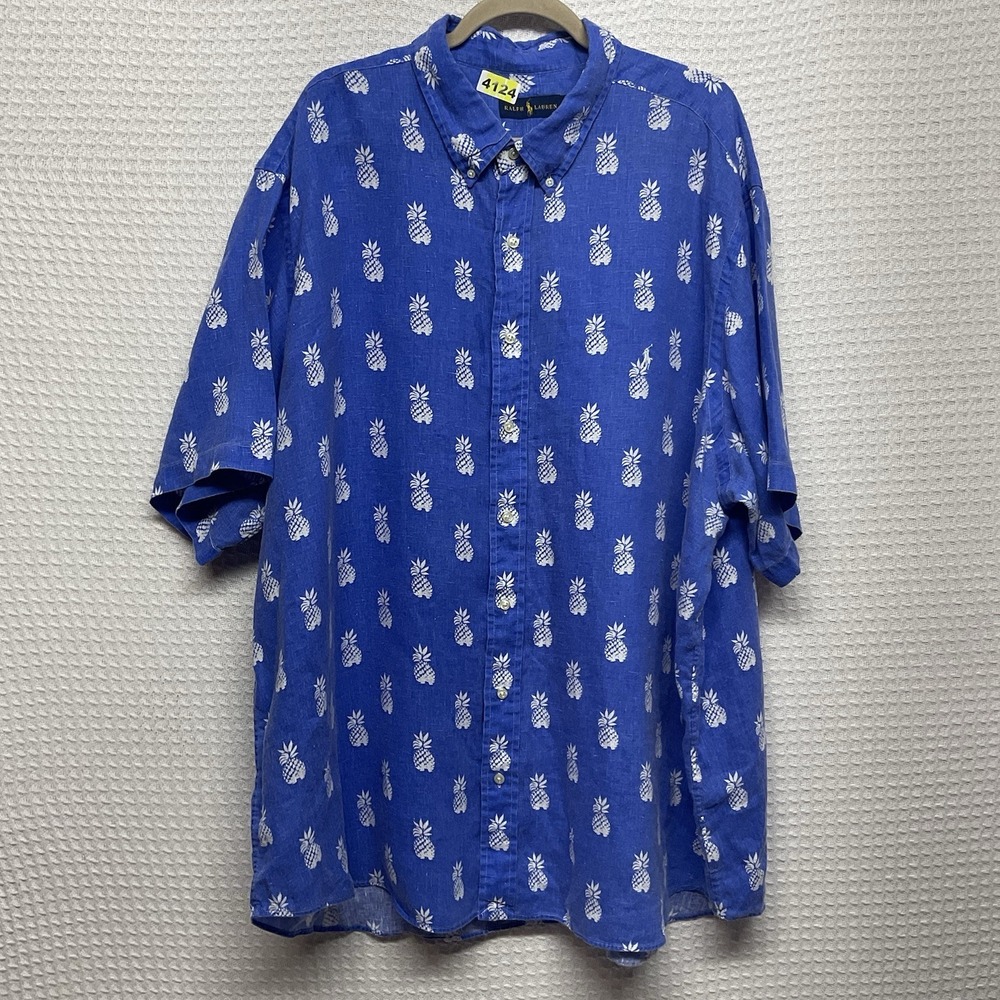 Ralph Lauren Shirt Mens 3XB Blue Short Sleeve 100% Linen Pineapple Hawaiian - Picture 7 of 10